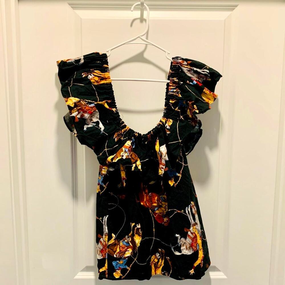 Vintage handmade ruffled off the shoulder western cowboy print blouse M/L